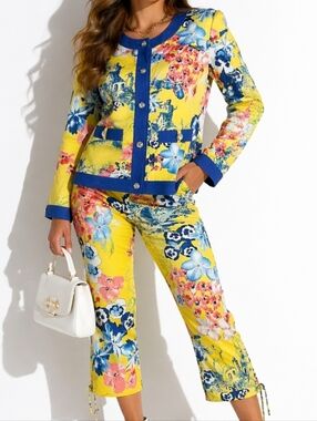 JL New York Bold Yellow & Blue Floral Toile Print Jacket Crop Pant Matching Set